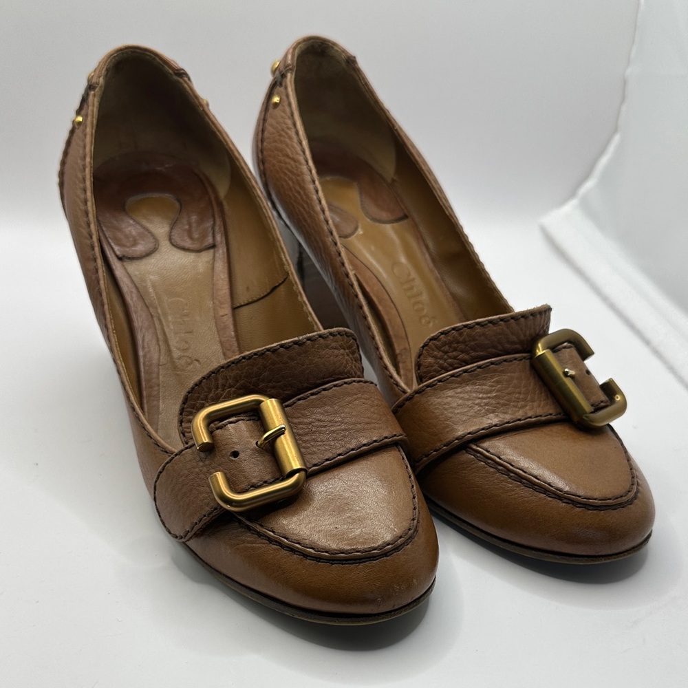 Chloe Brown Leather Loafer Heels, EU 38 US 7.5 - Picture 1 of 12